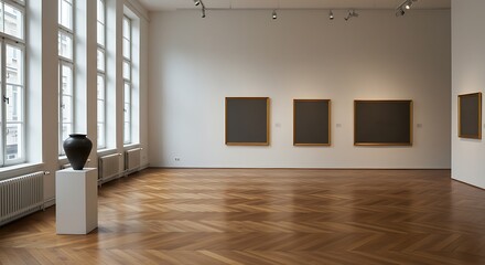 Art gallery with large windows and paintings isolated on cream beige background