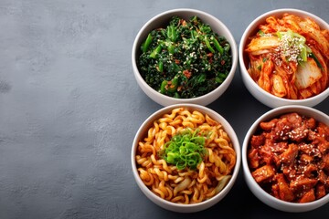 Korean street food, Three bowls of colorful Asian dishes on a dark surface.