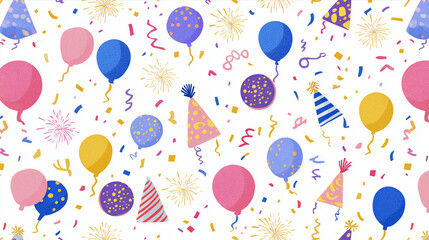 Seamless Party Background with Balloons, Confetti, and Party Hats in Pastel Colors