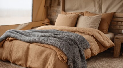 Cozy and Inviting Bed in Earthy Tones with Textured Blankets and Plush Pillows for a Warm and Relaxing Atmosphere in a Rustic Interior
