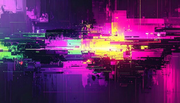 Abstract digital art with vibrant neon pink, purple, and yellow glitch effects and geometric shapes