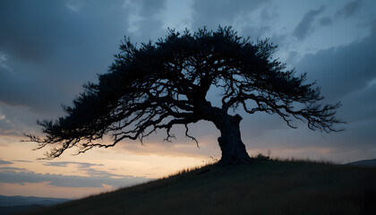 Obraz premium Solitary Sentinel at Dusk: A lone tree stands silhouetted against a dramatic evening sky, its gnarled branches reaching towards the fading light, painting a picture of resilience and enduring beauty.