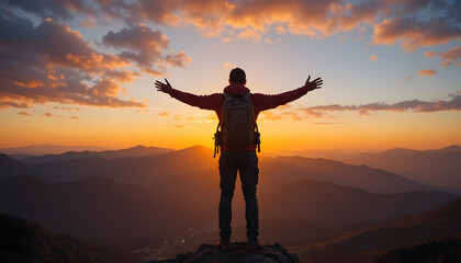 Reach for the Horizon: A solitary figure, arms outstretched, stands atop a majestic mountain, embraced by the breathtaking beauty of a setting sun, symbolizing freedom, accomplishment.