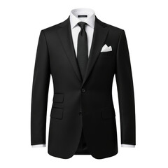 A black suit with tie and pocket square on transparent background