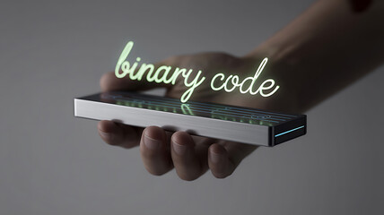 Hand holding a futuristic device displaying glowing neon binary code in a modern abstract setting