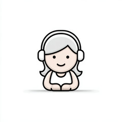 Simple flat design avatar of a happy girl wearing headphones, smiling and cute, in vibrant pink and white, representing music and youth.