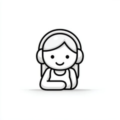 Simple line art avatar of a happy girl wearing headphones, smiling and monochrome, representing clean audio interface and user profile.