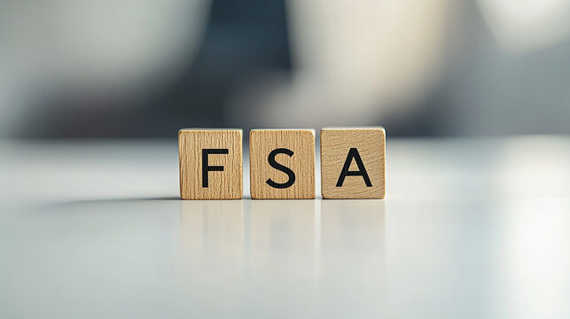 Minimalist scene with wooden blocks spelling "FSA" on a bright white table, symbolizing flexible spending accounts, savings, healthcare, and investment in a clean, modern setting.
