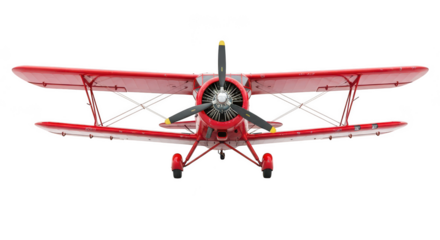 Frontal view of a red biplane plane on transparent background