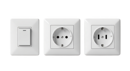 Light switch and power outlets white on transparent background