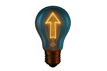 Light bulb illuminating upward arrow symbolizing successful growth, progress, and innovative ideas on transparent background
