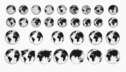 Collection of globes with varying perspectives, with black continents and white gridlines