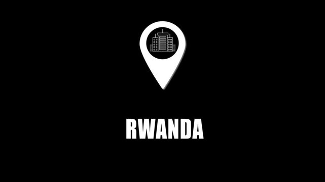 Location pin icon with city skyline and Rwanda text on black background. GPS location tracking icon.