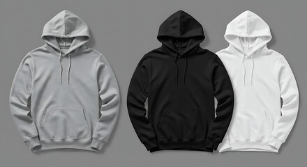 Three hoodies in grey black and white isolated on grey background