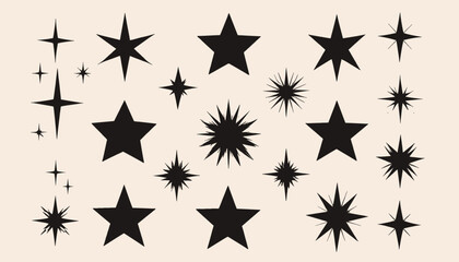 A collection of various stylized black star shapes, arranged on a cream-colored background