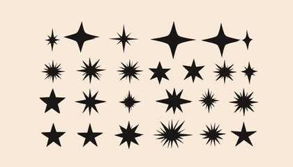 A collection of various stylized stars in black against a cream background