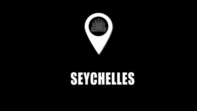 Location pin icon with city skyline and Seychelles text on black background. GPS location tracking icon.