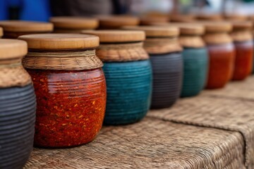 Korean street food, Colorful jars arranged in a row on a textured surface.