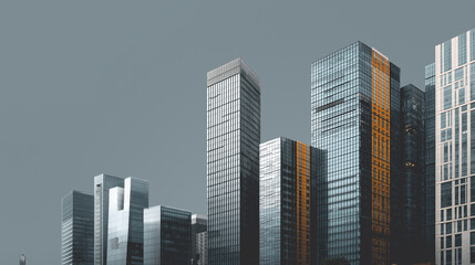Fototapeta premium Modern Urban Skyscrapers with Glass Facades and Orange Accents – Contemporary City Architecture