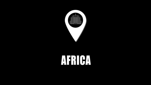 Location pin icon with city skyline and Africa text on black background. GPS location tracking icon.