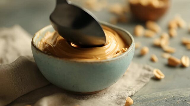 vanilla ice cream, peanut butter jam, dip with spoon