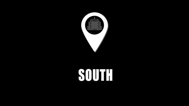 Location pin icon with city skyline and south text on black background. GPS location tracking icon.