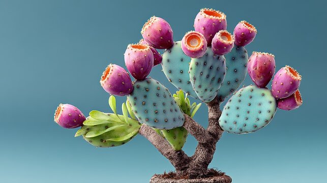 Purple and blue cactus with many small purple flowers. The cactus is surrounded by a blue background