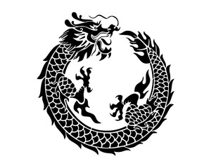 Vector isolated black and white circular dragon biting its tail cutout in an Ouroboros style ring, featuring detailed scales, flowing mane, and ornamental Asian-inspired design oriental decor