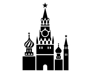 Fototapeta premium Vector isolated colorless black and white silhouette of Moscow's Kremlin towers and onion domes, highlighting the Spasskaya Tower with its star and St. Basil-style domes against a white background.