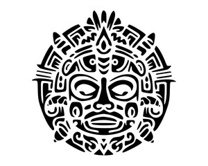 Vector isolated Circular black and white tribal mask symmetrical Polynesian and Mesoamerican motifs forming a stylized tattoo style face emblem.