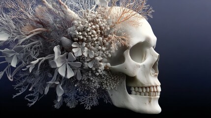 Skull with flowers on it. The skull is white and the flowers are green. The skull is surrounded by the flowers and it looks like a painting