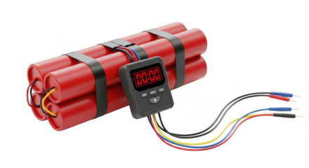 Red dynamite sticks with a timer on transparent background