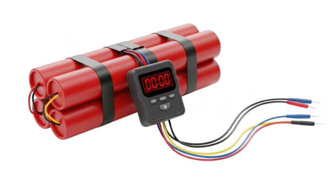 Red dynamite sticks with a timer on transparent background
