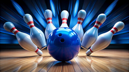 Dynamic bowling strike with blue ball knocking down pins on wooden lane, perfect for sports, leisure, and entertainment concepts