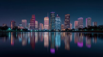 Obraz premium Stunning Night Skyline of Houston, Texas with Vibrant Lights Reflecting on Calm Water Under Deep Blue Sky