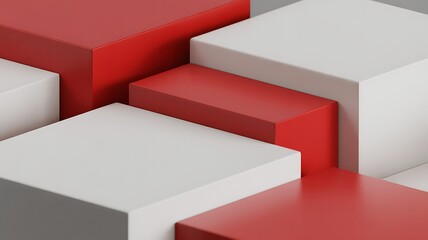 Abstract arrangement of red and white geometric cubes in a stepped pattern blocks
