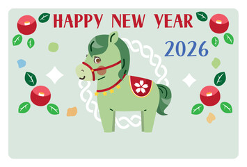 可愛い緑色の子馬ちゃんと4つのお花の年賀状イラスト（和風・干支・縁起物デザイン）