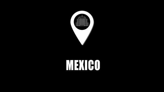 Location pin icon with city skyline and Mexico text on black background. GPS location tracking icon.