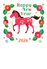 シンプルな馬と牡丹の年賀状イラスト（和風・干支・縁起物デザイン）