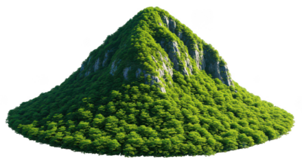 A mountain covered with green trees on transparent background
