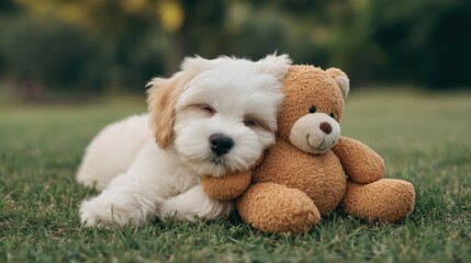 Cute puppy relaxing peacefully with a plush teddy bear on green grass in sunny park, perfect for capturing joy and companionship of pet moments
