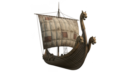 A viking ship with animal carvings on transparent background