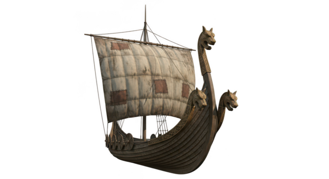 A viking ship with animal carvings on transparent background