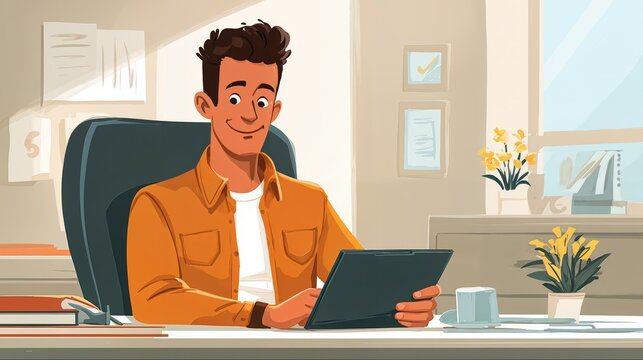 Young, cheerful bfb employee at work with tablet in modern office, symbolizing dedication and innovation, ideal for corporate websites and presentations.