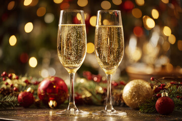 Two champagne glasses filled with sparkling wine surrounded by Christmas decorations and lights