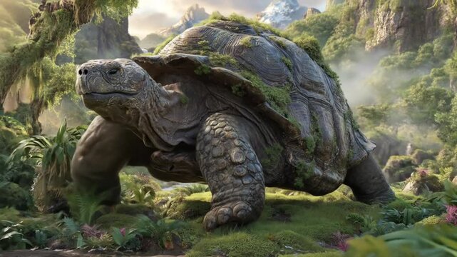 A large ancient looking tortoise walks slowly through a lush verdant landscape