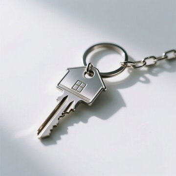 Llave met&aacute;lica con dise&ntilde;o de casa en su cabeza, simbolizando propiedad y seguridad. Ideal para temas de bienes ra&iacute;ces, hipotecas y mudanzas. Fondo blanco minimalista