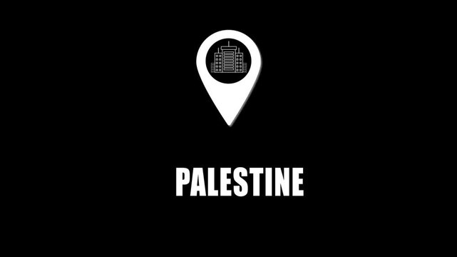 Location pin icon with city skyline and Palestine text on black background. GPS location tracking icon.