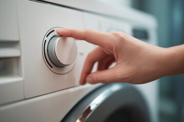 Hand pressing the start button on washing machine