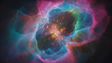 Vibrant cosmic nebula with glowing interstellar gas and dust clouds in deep space